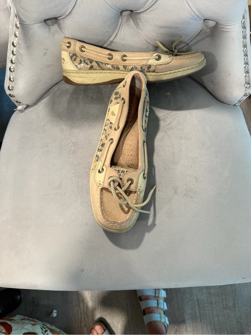 Sperry Tan Leather Boat Shoes with Leopard Trim